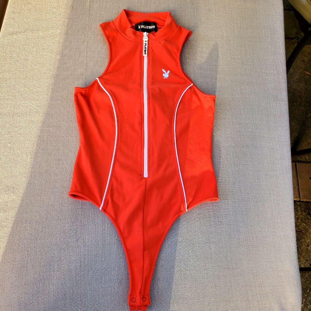 3/$50 Playboy Red Orange Zip-Up Bodysuit
